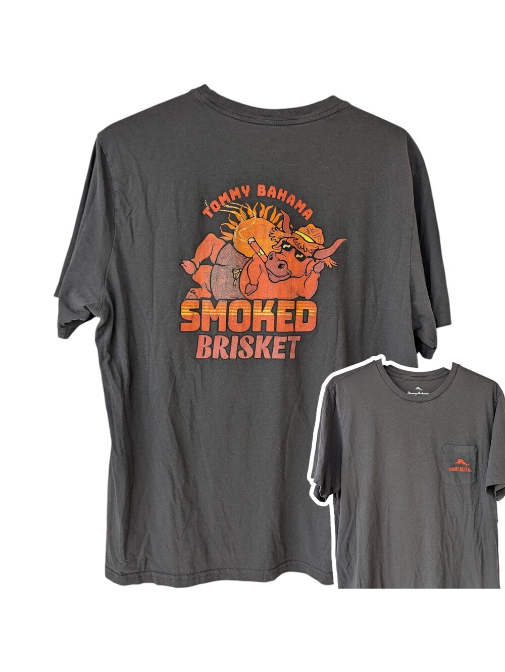 Tommy Bahama XL Smoked Brisket Shirt Mens Gray Graphic Pocket Tee Peru 24x28